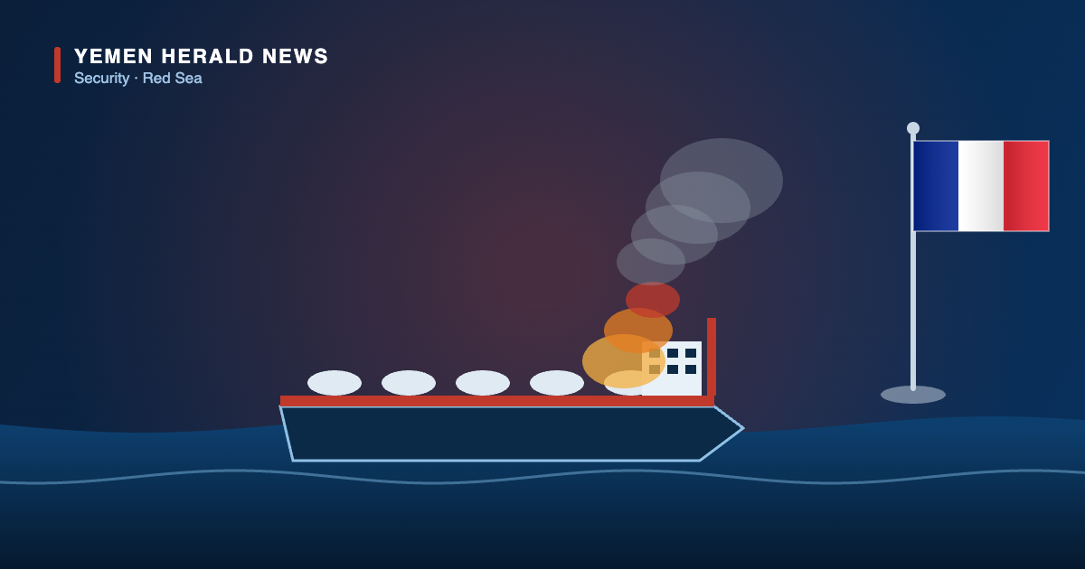 Editorial illustration: an oil tanker burning at sea beside the flag of France, representing France’s condemnation of strikes on Saudi tankers.