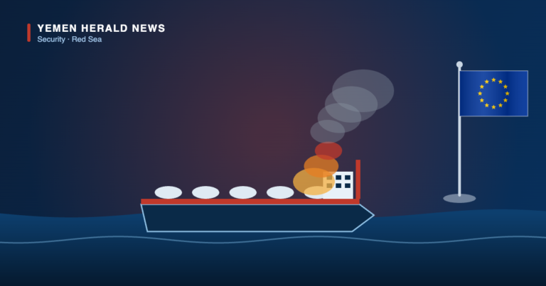 Editorial illustration: an oil tanker burning at sea beside the flag of the European Union, representing the EU’s condemnation of the attack on a Saudi oil tanker.