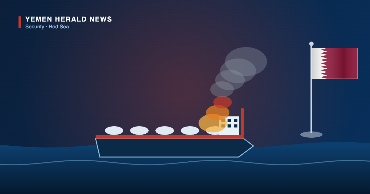 Editorial illustration: an oil tanker burning at sea beside the flag of Qatar, representing Qatar’s condemnation of the attack on a Saudi vessel.