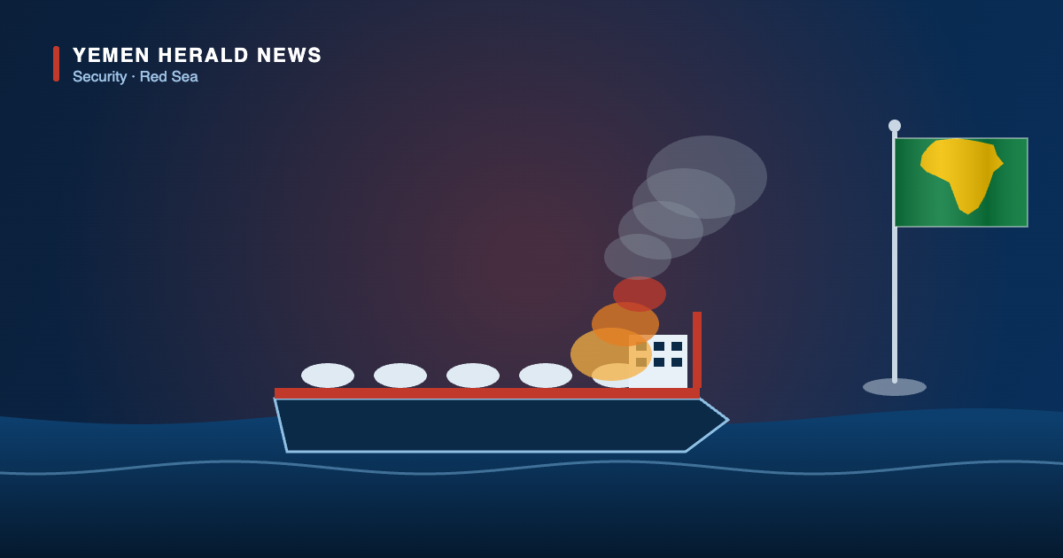 Editorial illustration: an oil tanker burning at sea beside the flag of the African Union, representing the AU’s condemnation of attacks on Red Sea shipping.