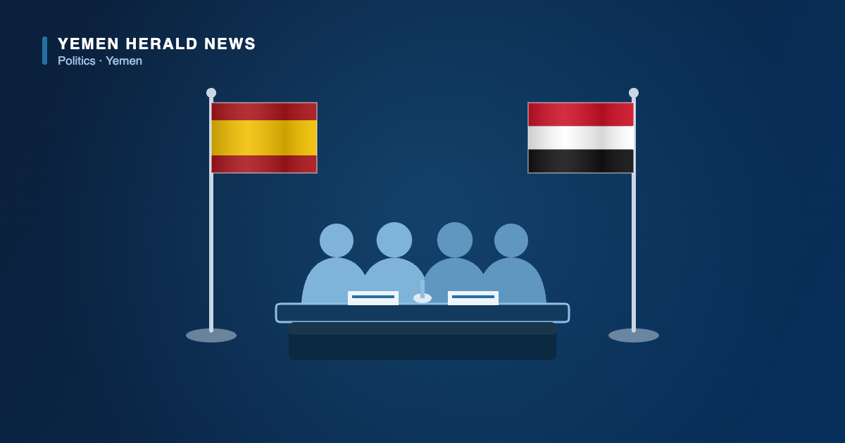 Editorial illustration: the flags of Spain and Yemen flanking a meeting table with delegates and documents, representing Spanish support for Yemen’s Presidential Leadership Council.