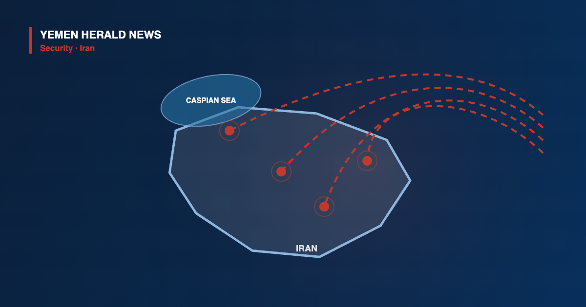 Illustration of a map outline of Iran with the Caspian Sea and multiple strike markers