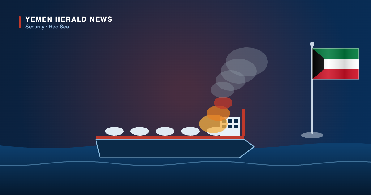 Editorial illustration: an oil tanker burning at sea beside the flag of Kuwait, representing Kuwait’s condemnation of the attack on the tanker Encelia.