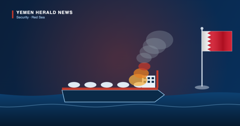 Editorial illustration: an oil tanker burning at sea beside the flag of Bahrain, representing Bahrain’s condemnation of the attack on the tanker Encelia.