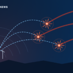 Editorial illustration: red incoming missile trajectories intercepted mid-air by blue interceptors launched from an air-defence radar installation