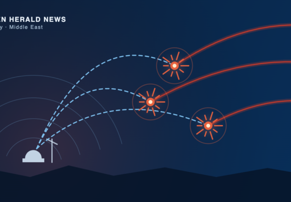 Editorial illustration: red incoming missile trajectories intercepted mid-air by blue interceptors launched from an air-defence radar installation