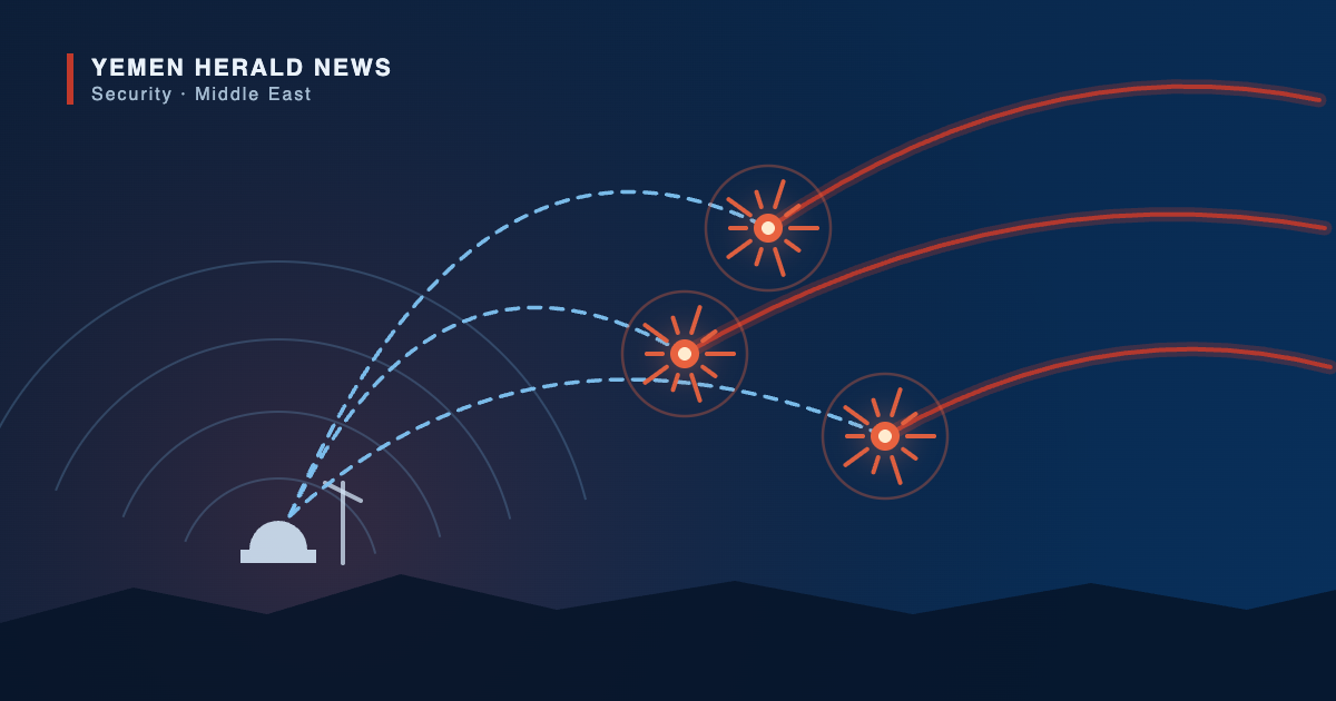 Editorial illustration: red incoming missile trajectories intercepted mid-air by blue interceptors launched from an air-defence radar installation