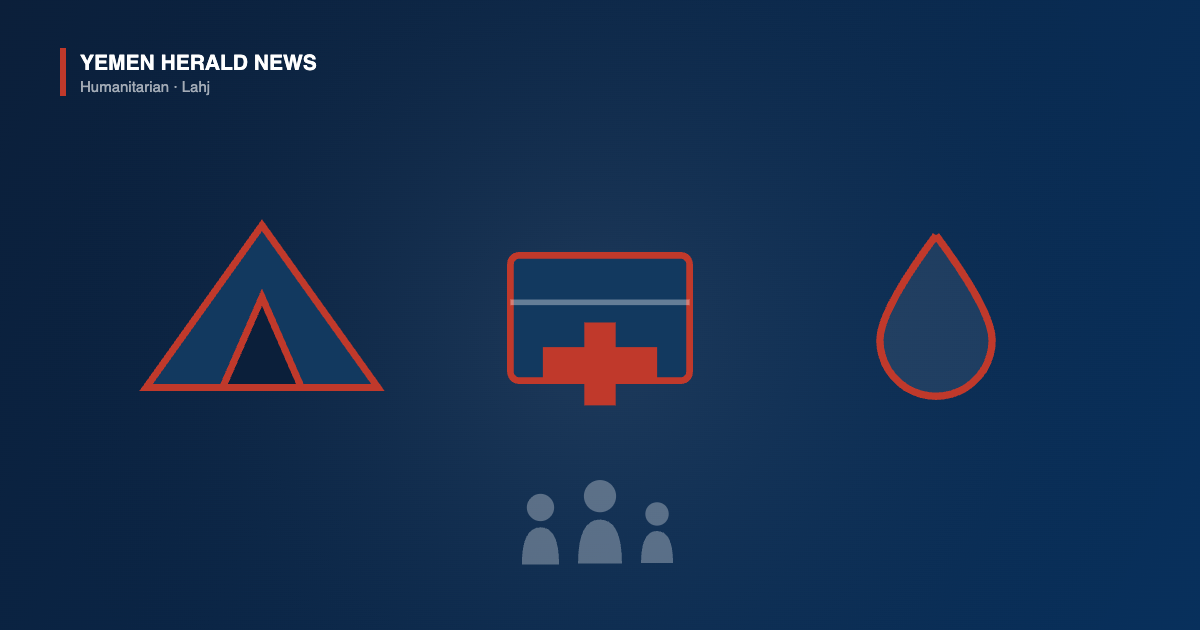 Illustration of an aid tent, a relief supply box and a water droplet above family silhouettes, representing humanitarian and development work in Lahj