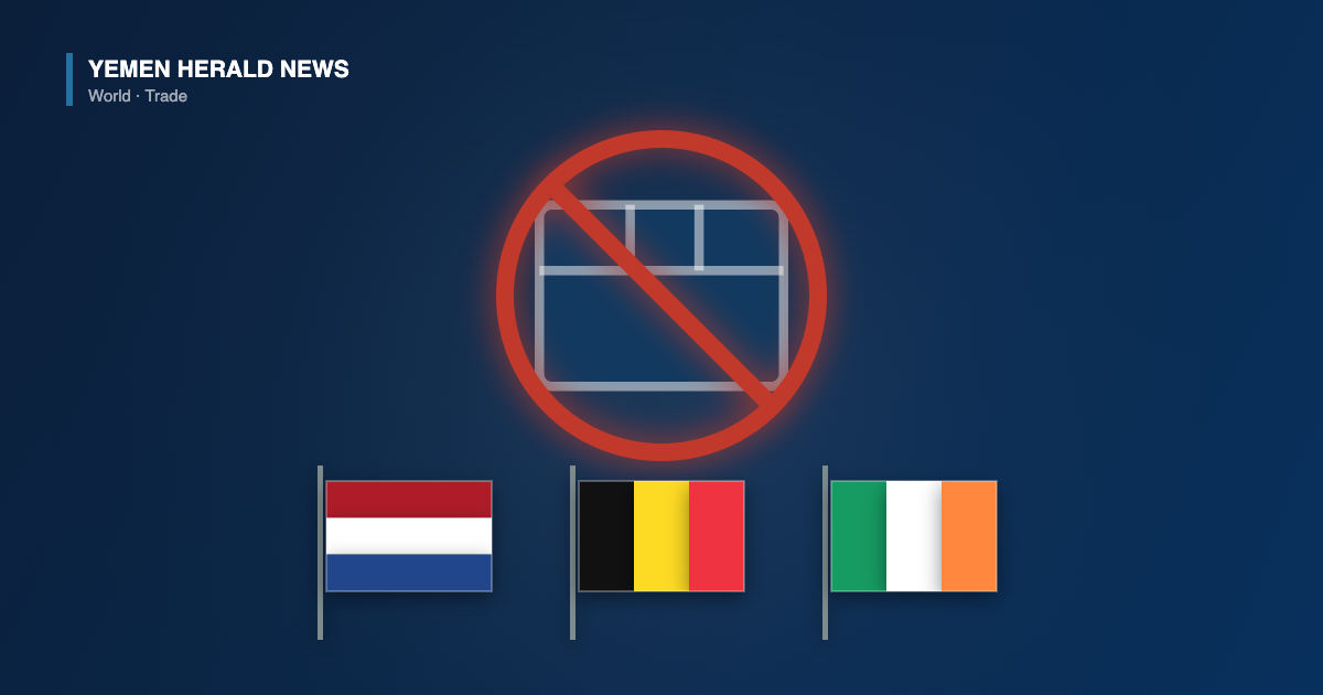 Illustration of a shipping crate crossed by a prohibition symbol above the Dutch, Belgian and Irish flags, representing settlement product import bans