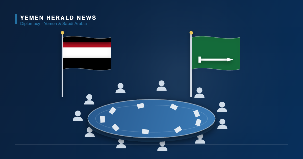 Illustration of the Yemeni and Saudi Arabian flags beside a round diplomatic meeting table, marking Yemen's new ambassador to Riyadh.