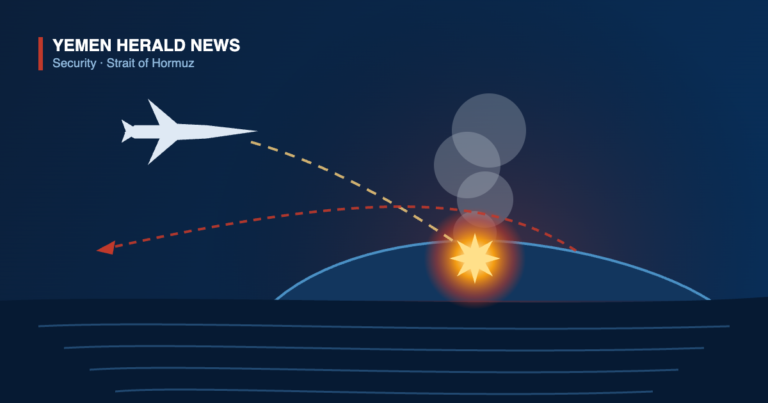 Editorial illustration of a fighter jet on a strike run toward an island coastline, with an explosion and smoke plume and a missile track arcing away westward.