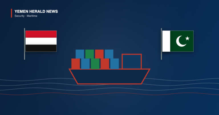 Illustration of a container ship on open water flanked by the Yemeni and Pakistani flags, representing talks on Red Sea maritime security