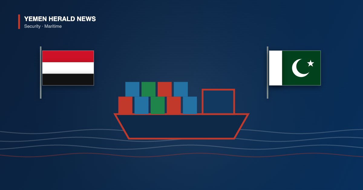 Illustration of a container ship on open water flanked by the Yemeni and Pakistani flags, representing talks on Red Sea maritime security