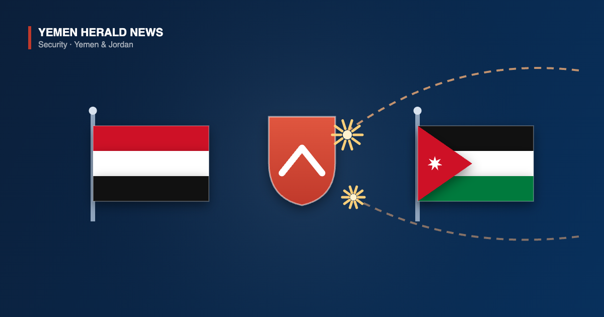 Illustration of the Yemeni and Jordanian flags either side of a protective shield, with dashed missile trajectories broken by intercept bursts
