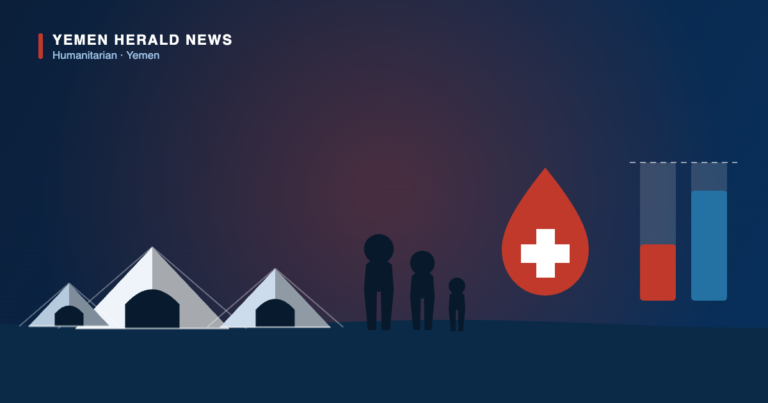 Editorial illustration: displacement tents, a family group, a water and health symbol and a funding-gap bar chart, representing Yemen’s underfunded 2026 humanitarian appeal.