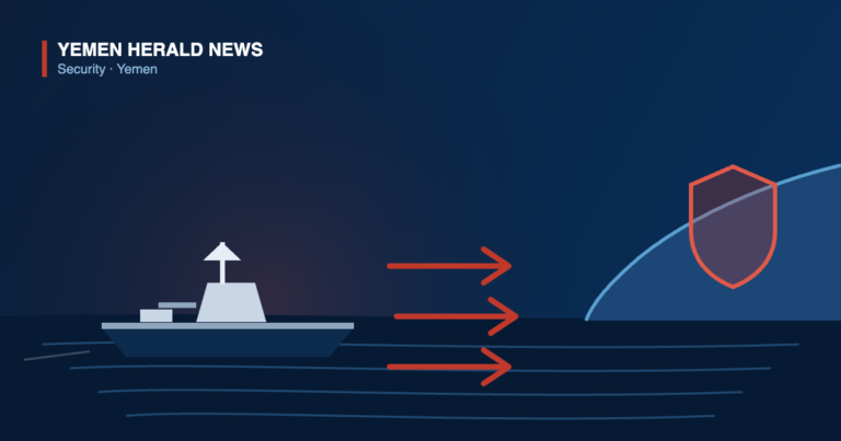 Editorial illustration of a warship offshore with red arrows advancing toward a coastline and a shield over the land, representing a combined land and sea offensive.