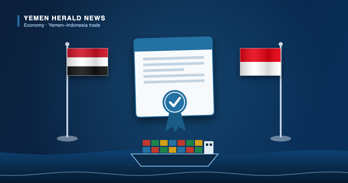 Editorial illustration: the flags of Yemen and Indonesia beside a sealed certificate and a container ship, representing a halal certification and trade memorandum signed in Jakarta.