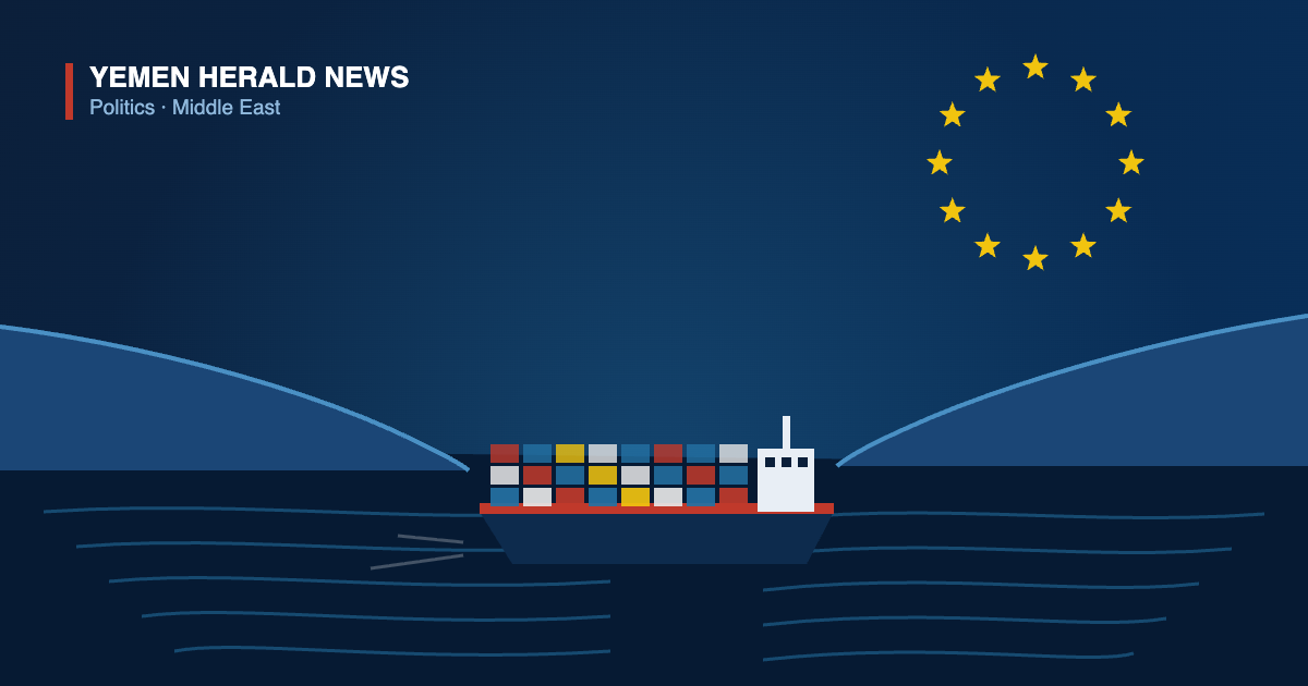 Illustration of a container ship passing through a narrow strait beneath a circle of twelve European Union stars