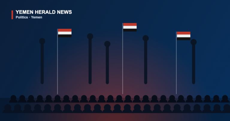 Illustration of a southern Yemeni protest crowd with flags in Shabwa