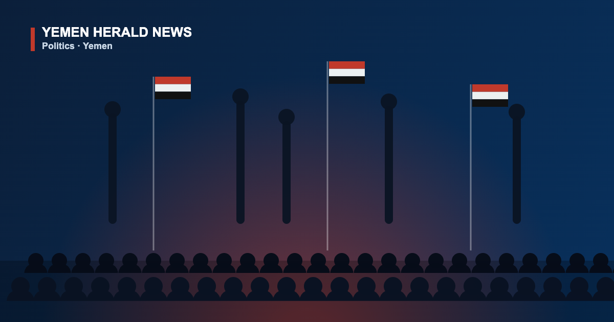 Illustration of a southern Yemeni protest crowd with flags in Shabwa