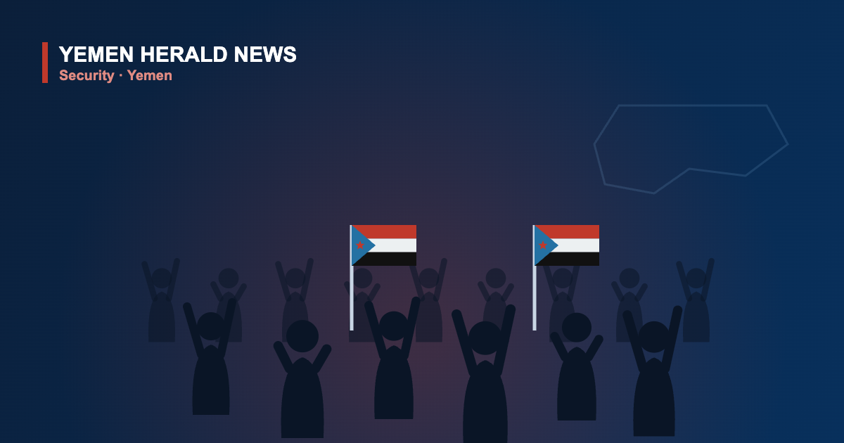 Illustration of a southern Yemen protest crowd raising flags in solidarity with Hadramout