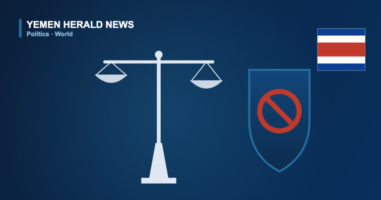 Illustration of scales of justice, a shield with a prohibition symbol and the Costa Rican flag