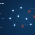 Editorial illustration: tilted scales of justice beside a lit network of nodes, three of which are struck through in red