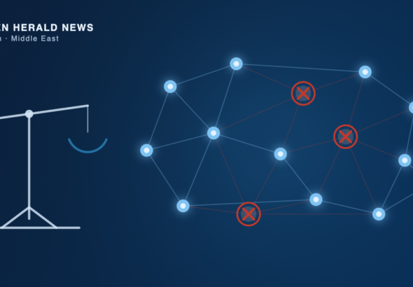 Editorial illustration: tilted scales of justice beside a lit network of nodes, three of which are struck through in red