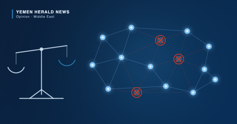 Editorial illustration: tilted scales of justice beside a lit network of nodes, three of which are struck through in red