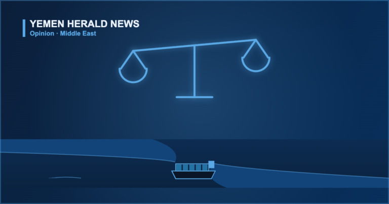 Editorial illustration: scales of balance above a maritime strait with a cargo ship, on a navy background