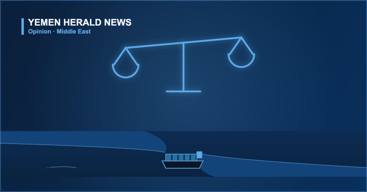 Editorial illustration: scales of balance above a maritime strait with a cargo ship, on a navy background