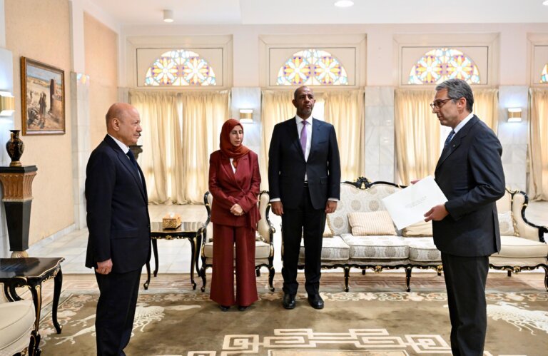 News photograph published with the report: Al-Alimi Receives Credentials of New Ambassadors from Italy, Norway, Albania, Greece and Kuwait