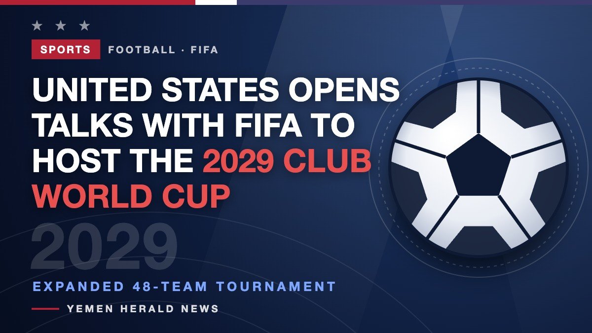 Soccer ball graphic in U.S. red, white and blue: United States opens talks with FIFA to host the expanded 2029 Club World Cup