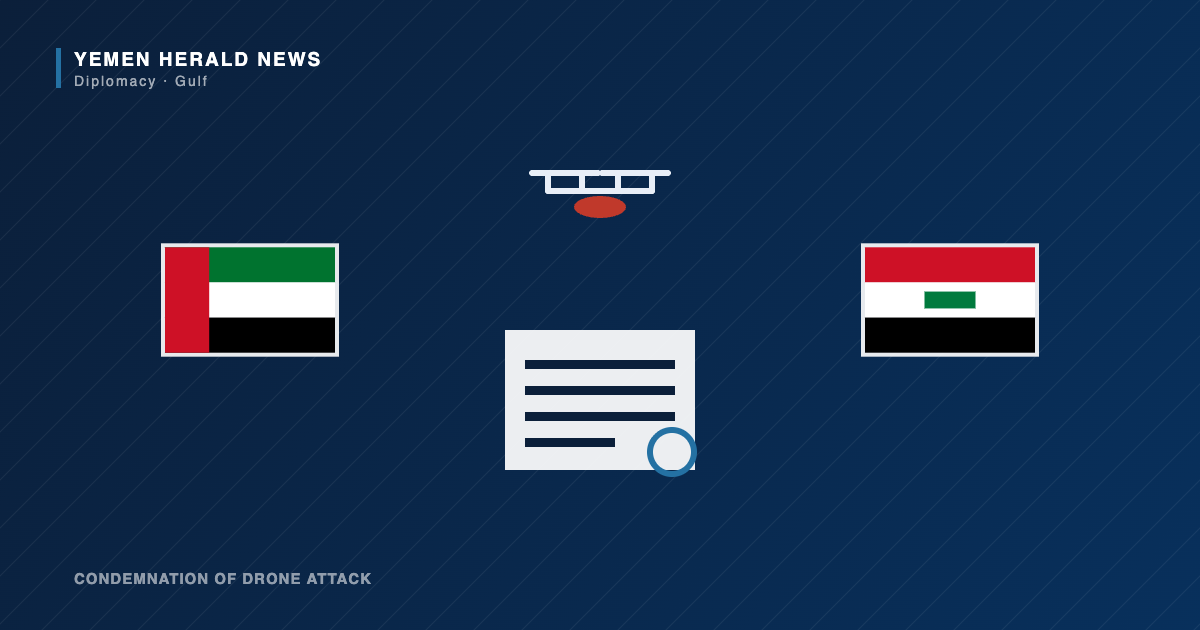 Editorial illustration of the flags of the United Arab Emirates and Iraq with a drone and an official statement bearing a seal