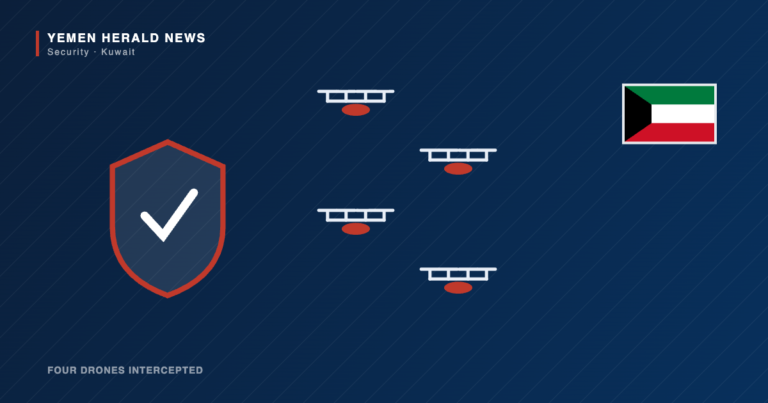 Editorial illustration of four drones approaching a defensive shield, beside the flag of Kuwait