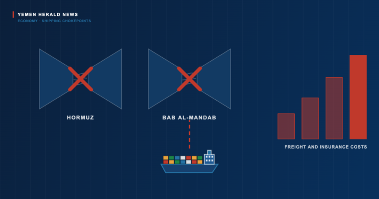 Editorial illustration of the Hormuz and Bab al-Mandab chokepoints marked as blocked, a container ship turning back, and rising freight cost bars