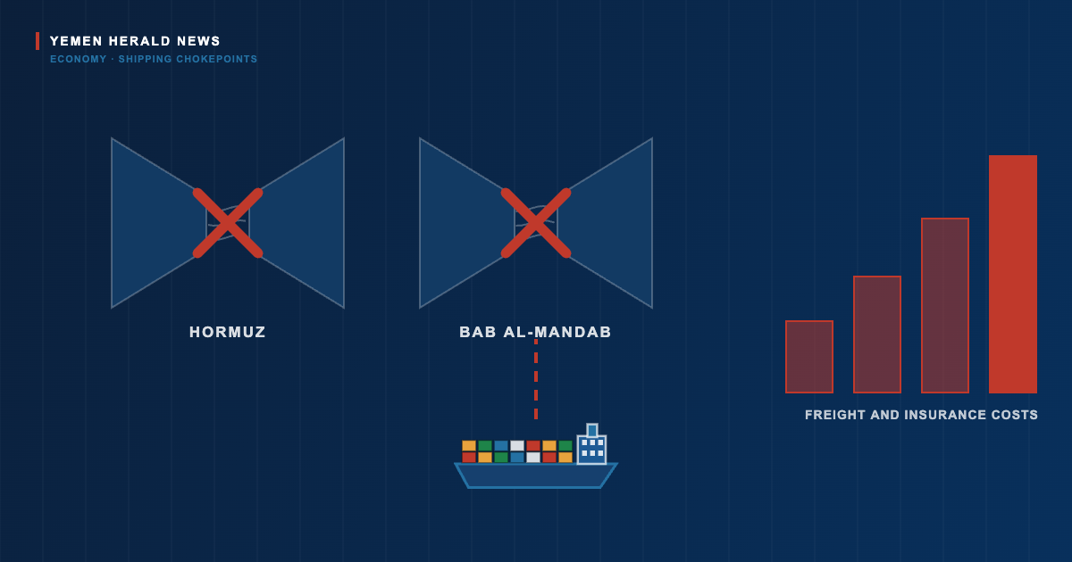 Editorial illustration of the Hormuz and Bab al-Mandab chokepoints marked as blocked, a container ship turning back, and rising freight cost bars