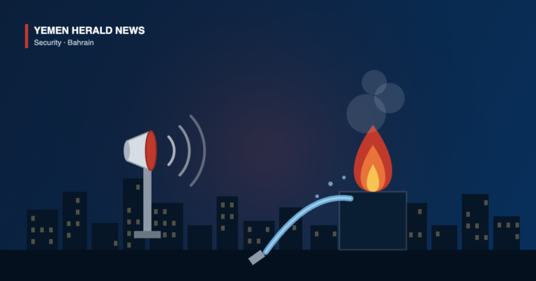Illustration of an air-raid siren sounding over a night city skyline while a fire crew hoses down a burning building