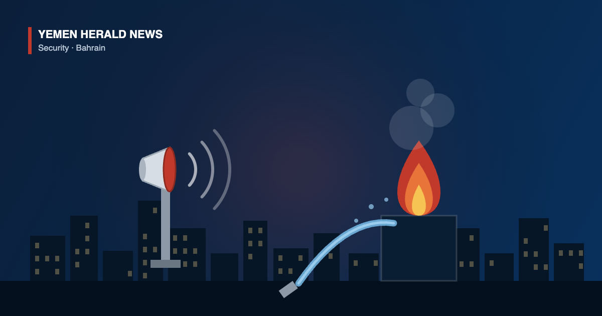 Illustration of an air-raid siren sounding over a night city skyline while a fire crew hoses down a burning building