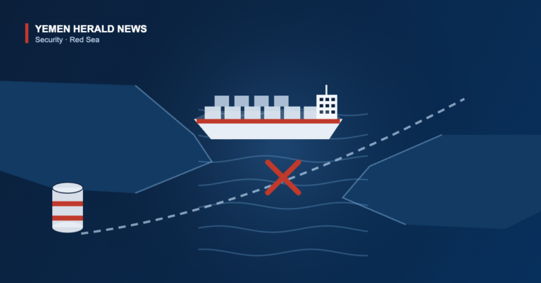Illustration of a cargo tanker in a narrow strait with a shipping route blocked by a red cross, representing the Houthi naval blockade and disruption to Red Sea oil routes