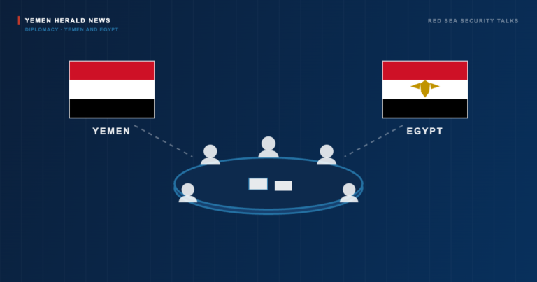 Editorial illustration of the flags of Yemen and Egypt beside a round meeting table with seated delegates and documents
