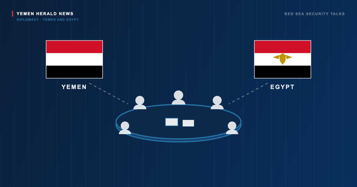 Editorial illustration of the flags of Yemen and Egypt beside a round meeting table with seated delegates and documents