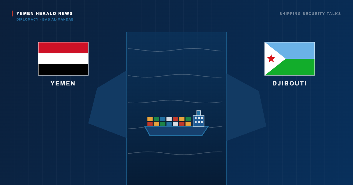 Editorial illustration of the flags of Yemen and Djibouti flanking a narrow sea channel with a container ship transiting