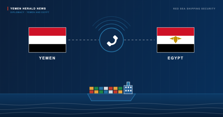 Editorial illustration showing the flags of Yemen and Egypt linked by a telephone symbol above a container ship at sea