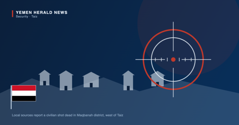 Illustration of a hillside village of small houses with a rifle scope reticle centred over it, marking a reported sniper killing in Maqbanah district west of Taiz