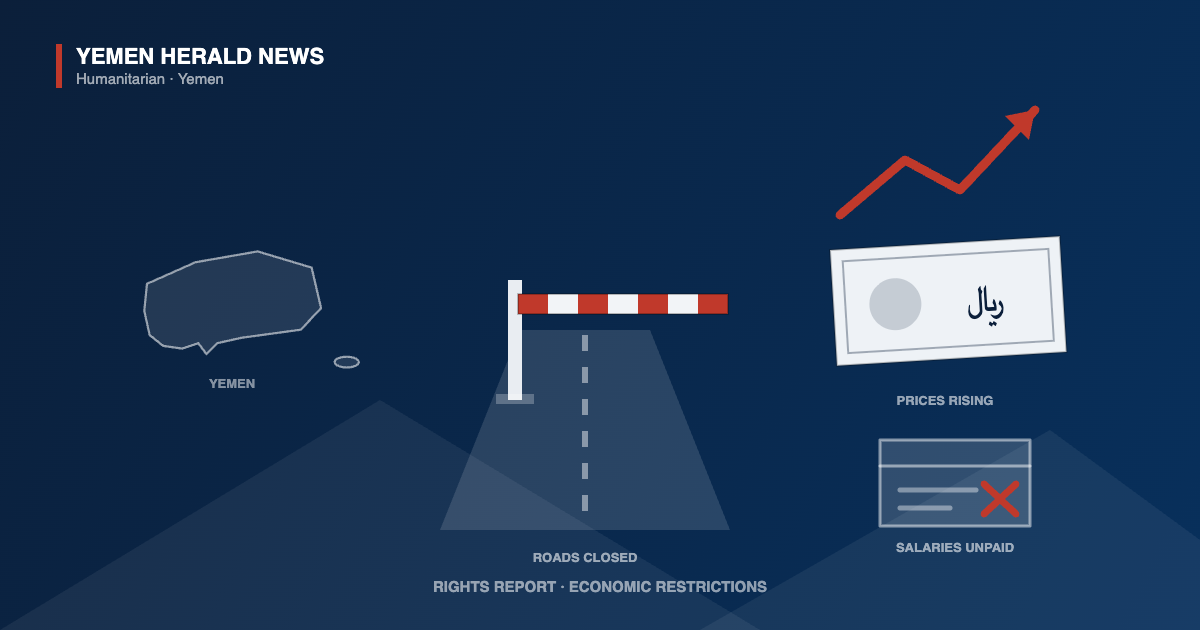 Editorial illustration: a striped barrier blocking a road, a Yemeni riyal banknote with a rising price line, and an unpaid payslip marked with a red cross, beside an outline map of Yemen