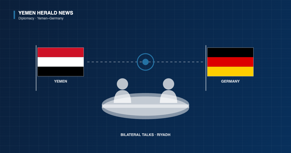 Editorial illustration: the Yemeni and German flags on poles either side of a round meeting table with two seated figures, linked by a dotted line
