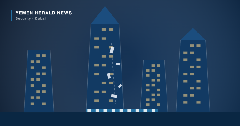 Illustration of a Dubai high-rise skyline with debris falling from a tower facade and a cordon at street level