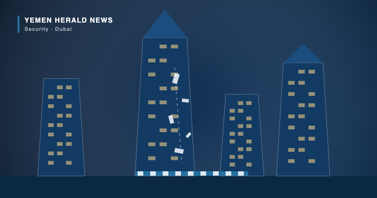 Illustration of a Dubai high-rise skyline with debris falling from a tower facade and a cordon at street level