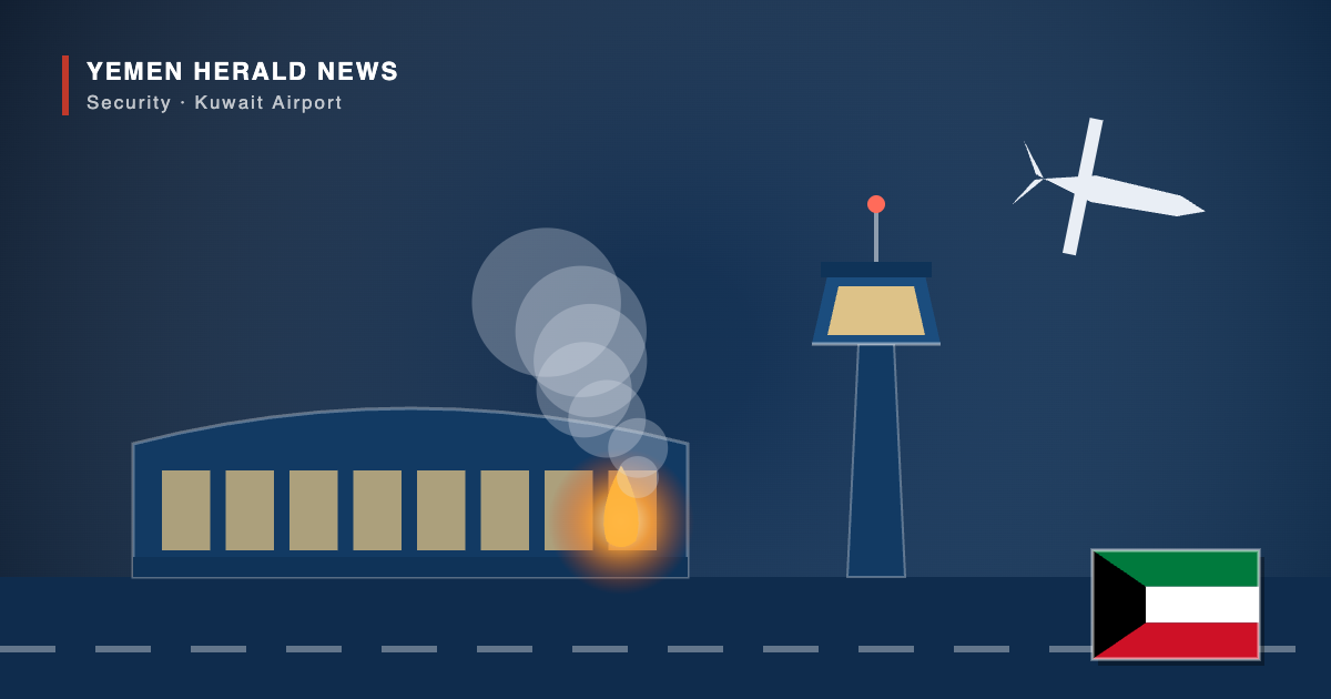 Illustration of an airport terminal and air traffic control tower in Kuwait with smoke rising and a drone overhead